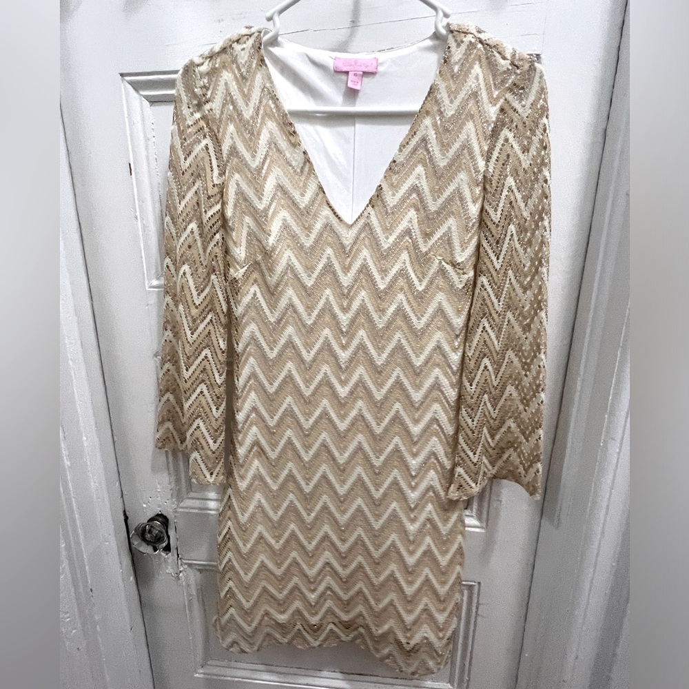 Lilly Pulitzer Gold Beige Chevron Lace Dress - size XS